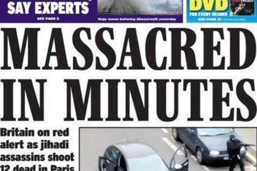 Daily Express (Grande-Bretagne) - "Massacrés dans quelque minutes".  "Les britanniques en alerte rouge après l'attaque faisant 12 morts à Paris".