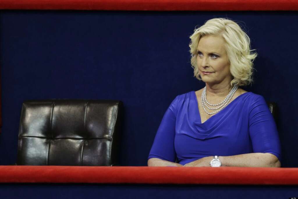 Cindy McCain, wife of Arizona Senator John McCain, waits for the start of the Republican National Convention in Tampa, Fla., on Wednesday, Aug. 29, 2012. (AP Photo/Charlie Neibergall)