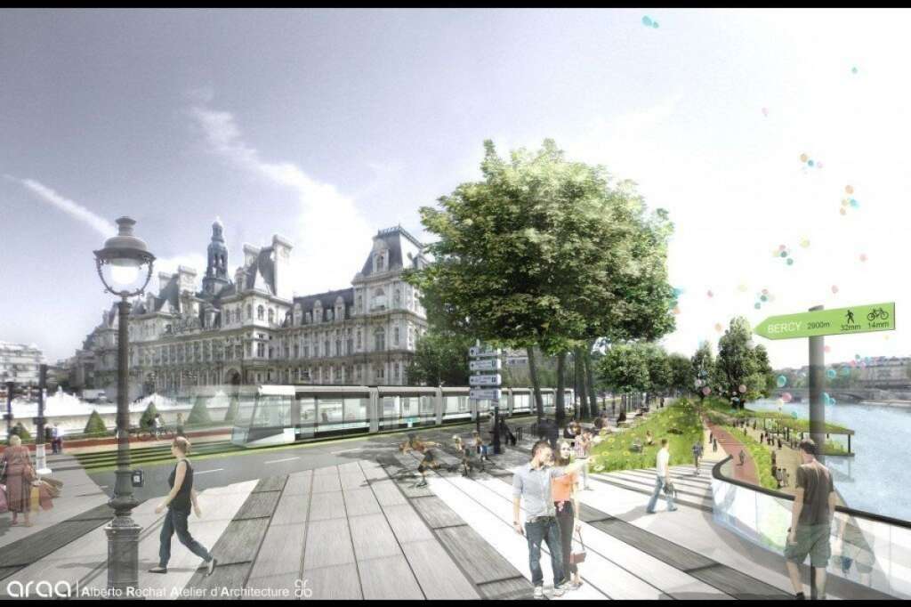 Tramway sur la Seine: 850 millions d'euros - Portée par le candidat EELV Christophe Najdovski, ce tramway sur la Seine (probablement rive-droite) desservirait la capitale d'est en ouest et la raccorderait à la future ligne 15. Il coûtera 650 millions d'euros juste pour la partie intra-muros.