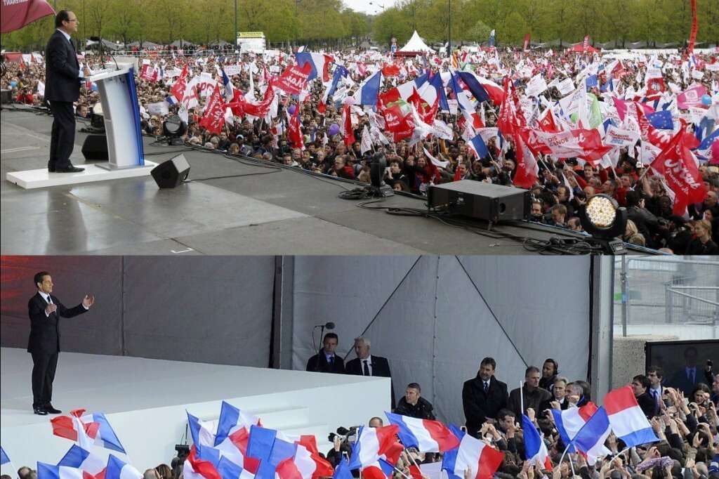 15 avril 2012: Vincennes vs Concorde - Dans la dernière ligne droite de la campagne, François Hollande et Nicolas Sarkozy s'opposent par meetings géants interposés. Le candidat socialiste réunit plusieurs dizaines de milliers de sympathisants à Vincennes quand le président sortant mobilise ses troupes à la Concorde. Un symbole de la bipolarisation de la campagne 2012.