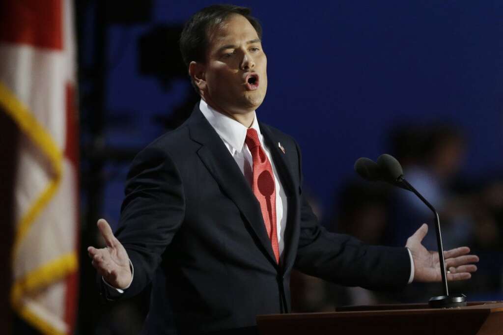 Florida Senator Marco Rubio addresses delegates during the Republican National Convention in Tampa, Fla., on Thursday, Aug. 30, 2012. (AP Photo/Charlie Neibergall)