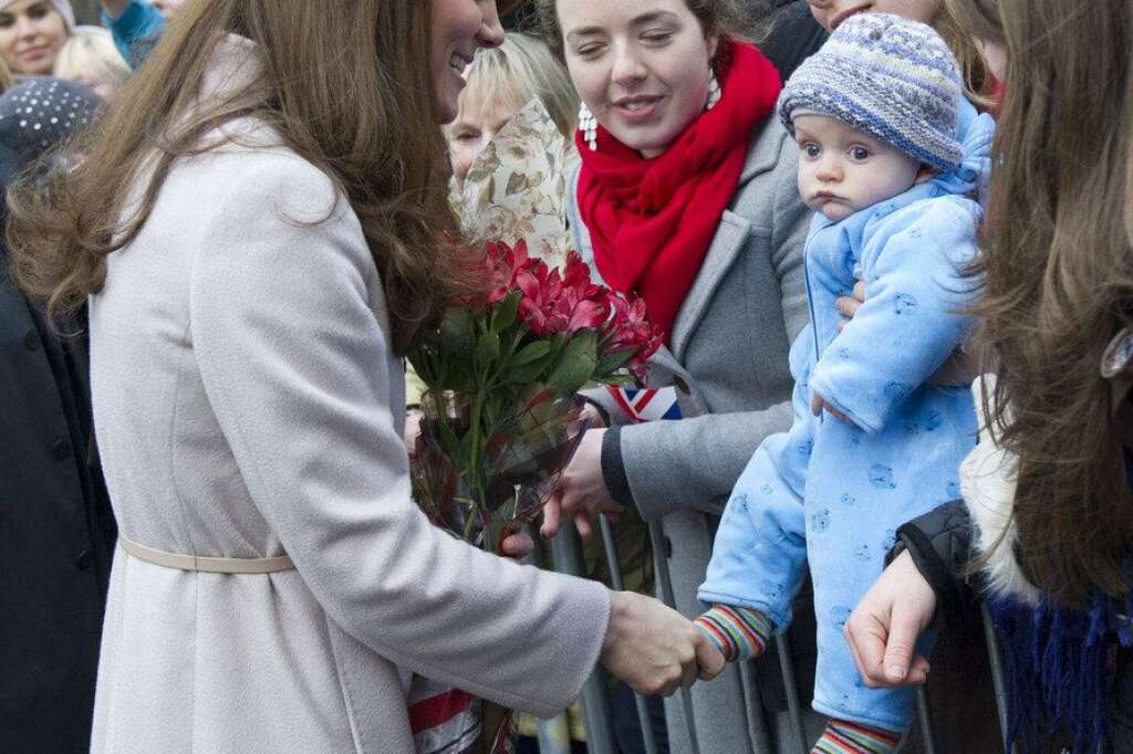 Royal visit to Cambridgeshire - The Duchess of Cambridge meets James William Davies, 5 months, who was named after Prince William, with mother Tessa Davies during a walkabout in Cambridge.
