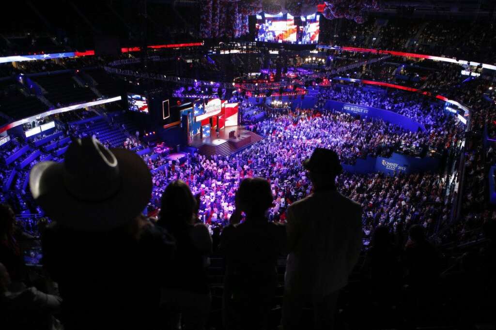 Delegates gather in the Tampa Bay Times Forum during the Republican National Convention in Tampa, Fla., on Tuesday, Aug. 28, 2012. (AP Photo/Jae C. Hong)
