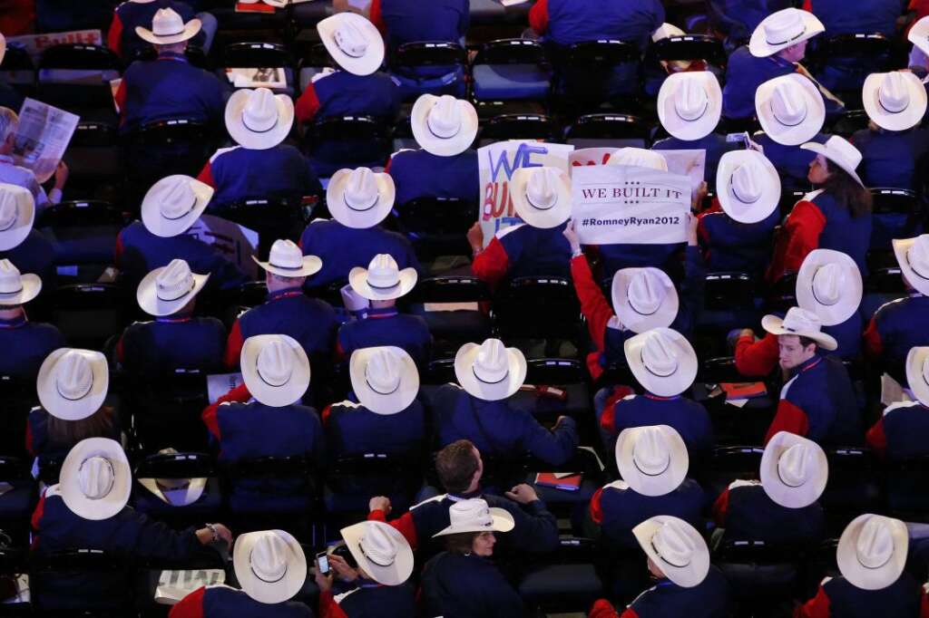 Texas delegates gather in the Tampa Bay Times Forum during the Republican National Convention in Tampa, Fla., on Tuesday, Aug. 28, 2012. (AP Photo/Jae C. Hong)