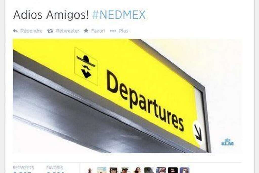 Le Mexicain de KLM - La compagnie aérienne néerlandaise KLM a effacé un message publié sur Twitter dimanche 29 juin, sous la pression des usagers du réseau social. Le message représentait un panneau d'affichage aéroportuaire "Départs" suivi d'un sombrero, d'une moustache et d'un poncho. <a href="http://www.huffingtonpost.fr/2014/06/30/mexique-pays-bas-klm-polemique-twitter_n_5542606.html" target="_blank">Cliquez ici pour en savoir plus</a>