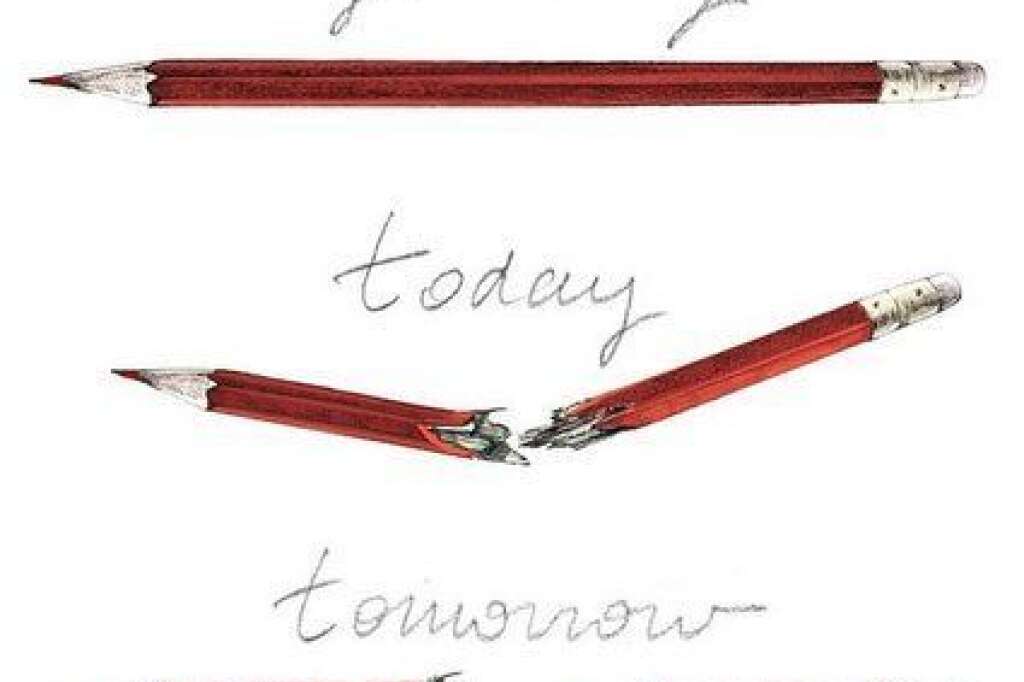 Dessin de Lucille Clerc - "Hier" "Aujourd'hui" Demain"  Un dessin faussement attribué à Banksy après qu'un faux compte de l'artiste a repris l'image.