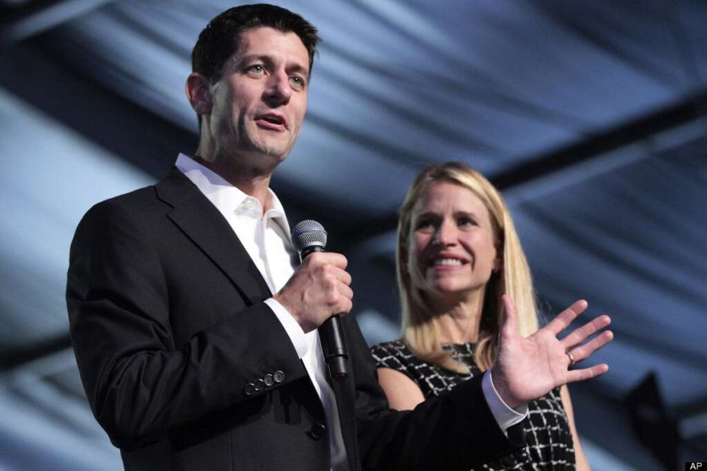 Paul Ryan, Janna Ryan - Republican vice presidential candidate, Rep. Paul Ryan, R-Wis., and wife Janna appear on stage at the Wisconsin delegation's Beers and Brats event, Wednesday, Aug. 29, 2012, in Tampa, Fla. (AP Photo/Mary Altaffer)