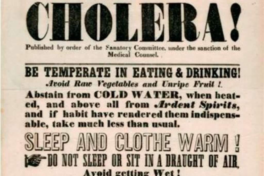 Le choléra - Le choléra est une toxi-infection entérique épidémique contagieuse due à la bactérie Vibrio cholerae, ou bacille virgule, découverte par Pacini en 1854 et redécouverte par Koch en 1883.   Strictement limitée à l'espèce humaine, elle est caractérisée par des diarrhées brutales et très abondantes (gastro-entérite) menant à une sévère déshydratation. La forme majeure classique peut causer la mort dans plus de la moitié des cas, en l’absence de traitement (de quelques heures à trois jours).  Depuis le début du XIXè siècle, 7 pandémies ont eu lieu touchant l'Asie mais aussi l'Afrique, l'Europe et l'Amérique.