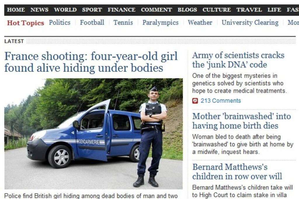The Telegraph - "Tuerie en France: une fille de quatre ans trouvée vivante sous les corps"