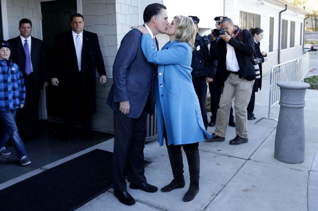 Mitt Romney, Ann Romney - Republican presidential candidate, former Massachusetts Gov. Mitt Romney kisses wife Ann Romney after they voted in Belmont, Mass., Tuesday, Nov. 6, 2012.(AP Photo/Charles Dharapak)