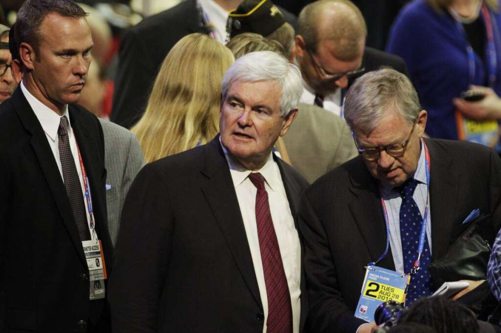 Former House Speaker Newt Gingrich arrives at the Republican National Convention in Tampa, Fla., on Tuesday, Aug. 28, 2012. (AP Photo/Charlie Neibergall)