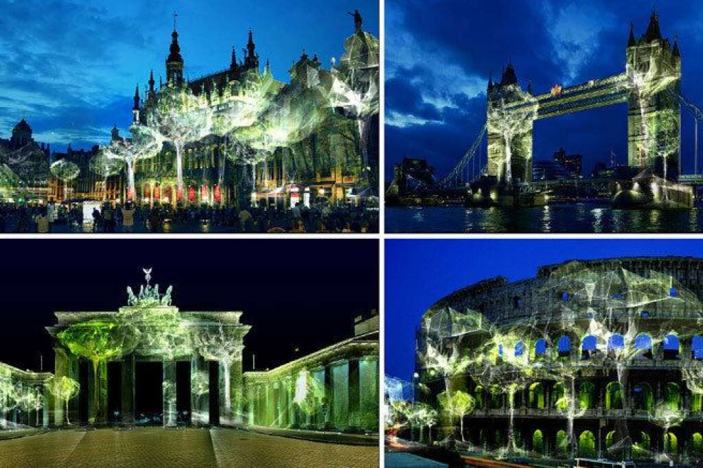 Les autres monuments où il est possible de projeter les arbres virtuels - 1- Hôtel de ville de Paris (Paris) 2- Le London Bridge (Londres) 3- La porte de Brandebourg (Berlin) 4- Le Colisée (Rome)