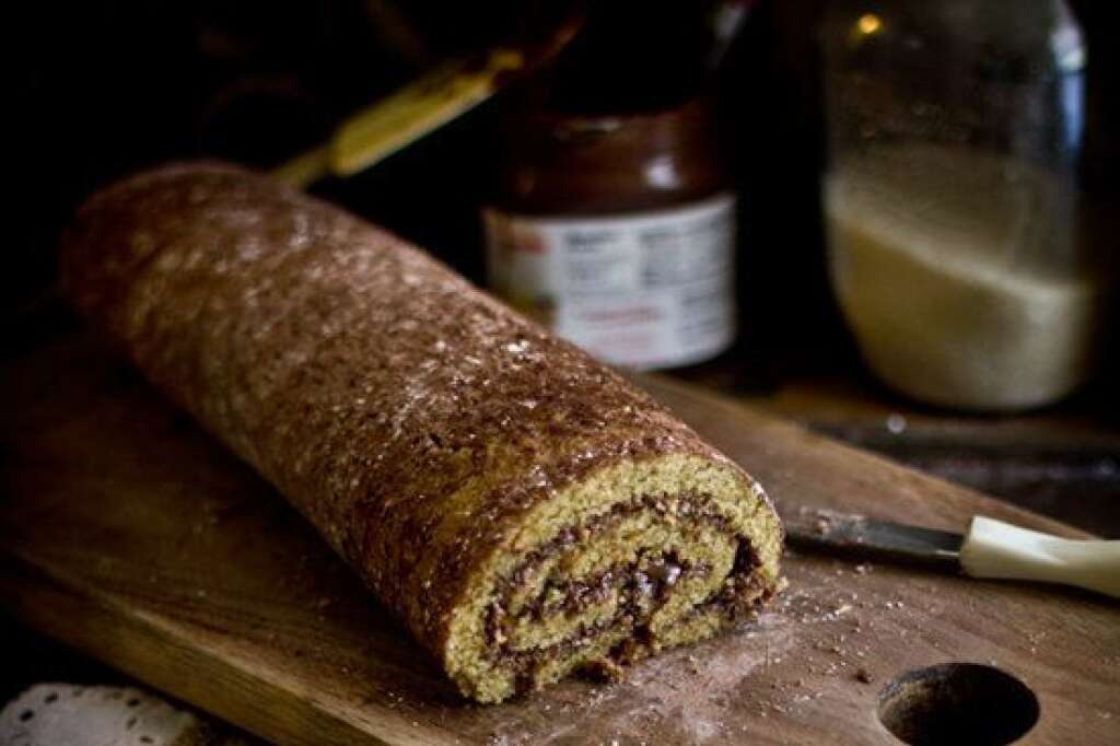 Roasted Hazelnut Nutella Roulade - <strong>Get the <a href="http://www.adventures-in-cooking.com/2012/09/roasted-hazelnut-nutella-roulade.html">Roasted Hazelnut Nutella Roulade recipe</a> by Adventures in Cooking</strong>