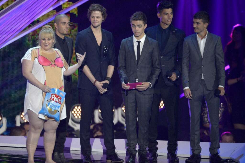 Rebel Wilson, Max George, Jay McGuiness, Nathan Sykes, Siva Kaneswaran, Tom Parker - Australian actress Rebel Wilson and Max George, Jay McGuiness, Nathan Sykes, Siva Kaneswaran and Tom Parker, of musical group The Wanted, present an award onstage at the MTV Video Music Awards on Thursday, Sept. 6, 2012, in Los Angeles. (Photo by Matt Sayles/Invision/AP)