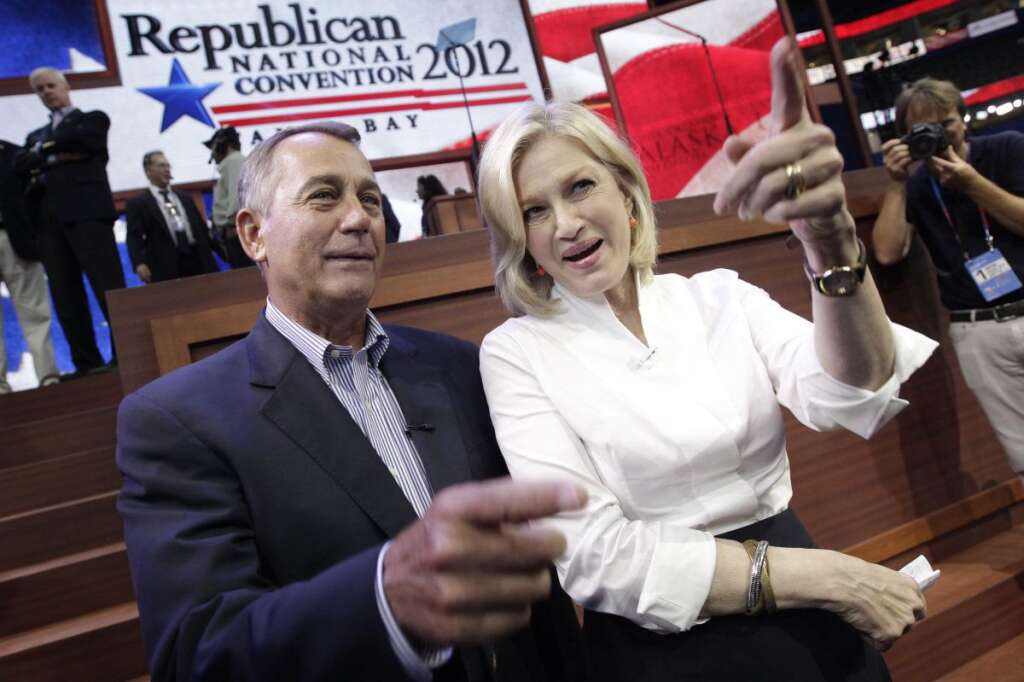 John Boehner, Diane Sawyer - House Speaker John Boehner of Ohio, left, talks to Diane Sawyer on the floor of the Republican National Convention in the Tampa Bay Times Forum in Tampa, Fla., on Monday, Aug. 27, 2012. (AP Photo/J. Scott Applewhite)