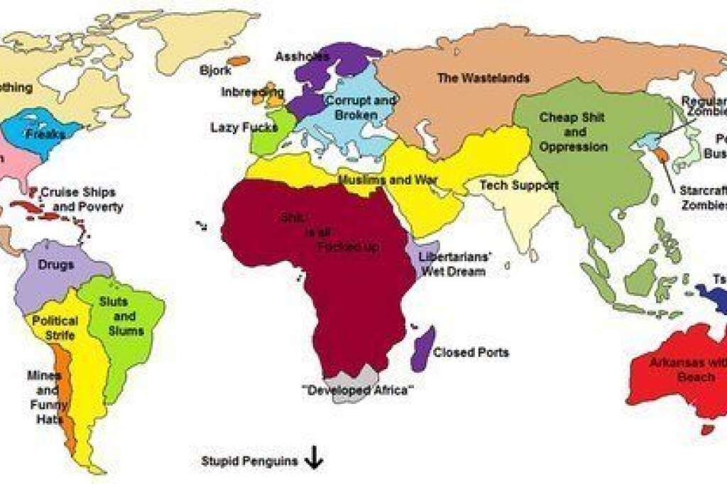 3- Les "régions" du monde vues par les américains - <a href="http://joedonatelli.com/stereotype-world-map/11/11/2010/">Sources</a>