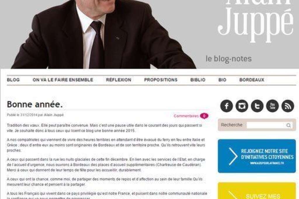 Alain Juppé, maire UMP de Bordeaux - Le candidat à la primaire UMP a choisi, comme toujours, <a href="http://www.al1jup.com/bonne-annee/" target="_blank">un post de blog</a> pour adresser ses voeux. Il ne se contente pas de 2015 mais voit jusqu'en 2017.