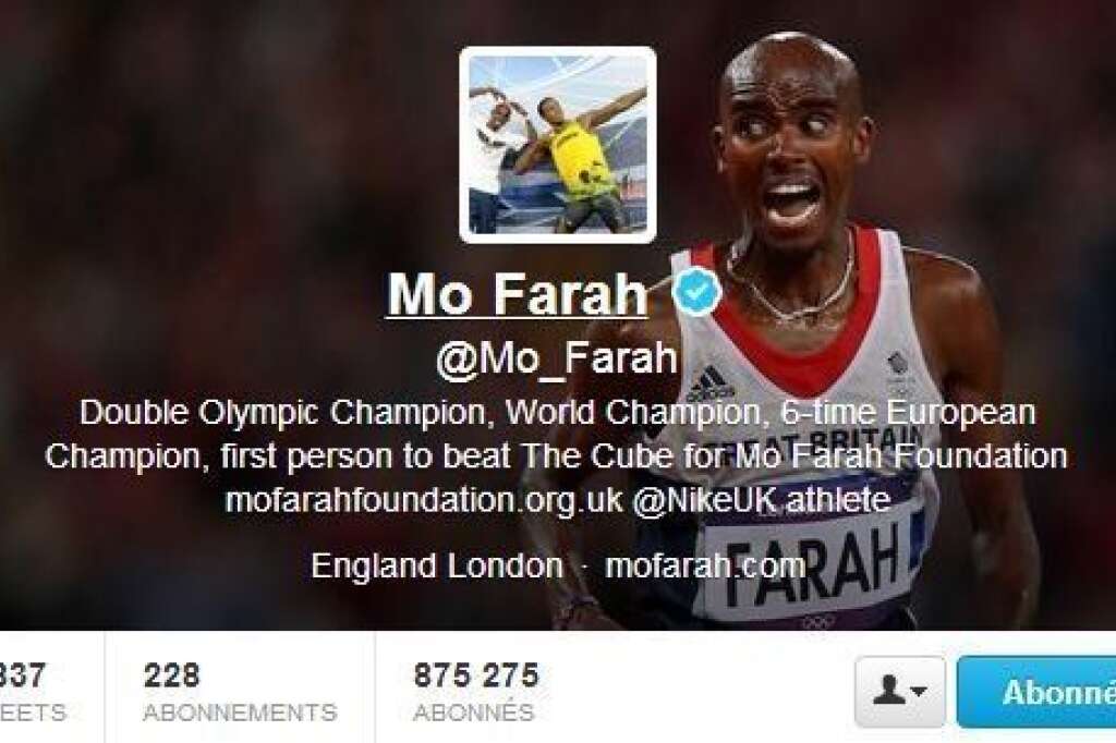 Mo Farah, le lanceur de défi - Vous feriez bien de suivre <a href="https://twitter.com/Mo_Farah" target="_blank">les tweets du britannique</a> favori sur 5.000 et 10.000 mètres. Si vous aimez les défis et le spectacle, il se pourrait bien que Mohamed Farah lance un nouveau défi à Usain Bolt!  En juillet, à Londres, le coureur de fond avait proposé à Bolt de l'affronter sur une distance choisie par le public. En lire plus <a href="http://www.lapresse.ca/sports/autres-sports/athletisme/201307/29/01-4675074-mo-farah-lance-un-defi-a-usain-bolt.php" target="_blank">ici</a>.
