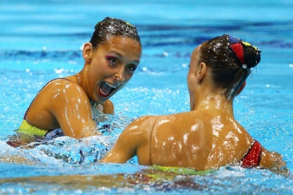 Les visages de la nage synchronisée - Les Canadiennes Marie-Pier Gagnon Boudreau et Elise Marcotte  (Al Bello / Getty Images)