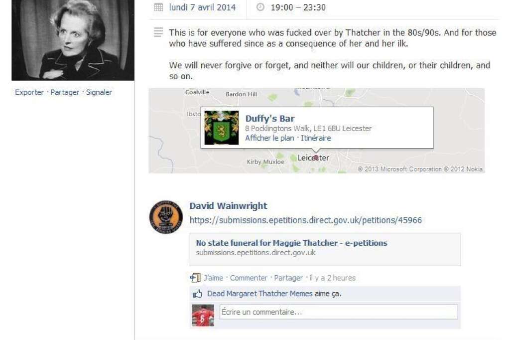 Une fête à Leicester - Cette page facebook organise un événement à Leicester au Duffy's Bar. Le créateur de l'événement montre sur sa page personnelle son soutien à la lutte des mineurs anglais.