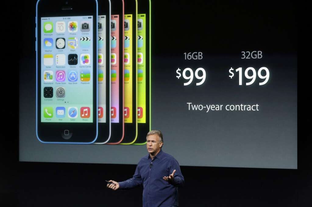 - Phil Schiller, Apple's senior vice president of worldwide product marketing, speaks on stage during the introduction of the new iPhone 5c in Cupertino, Calif., Tuesday, Sept. 10, 2013. (AP Photo/Marcio Jose Sanchez)
