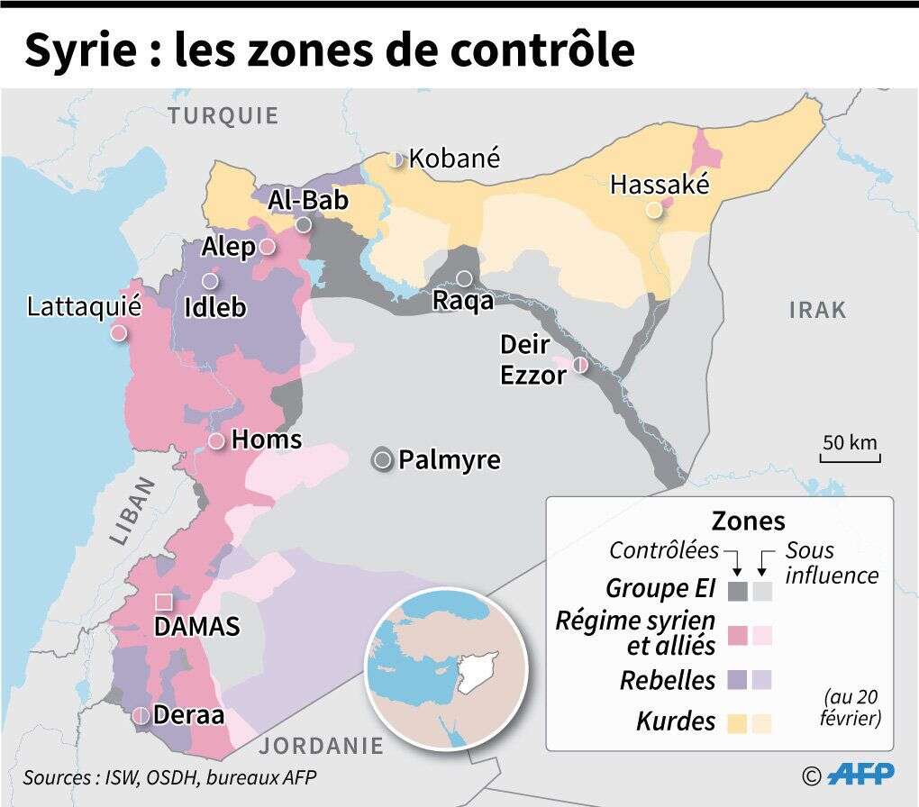 Les zones contrôlées par les belligérants en Syrie, au 20 février 2017.