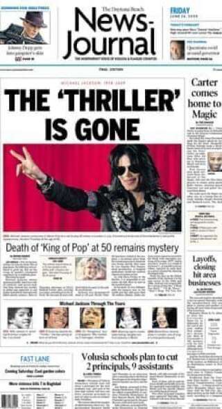 Le <i>Daytona Beach News-Journal </i>met l'accent sur les circonstances, alors encore mystérieuses, du décès de Michael Jackson.