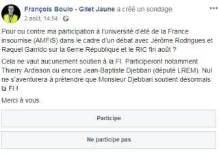 François Boulo a demandé l'avis des gilets jaunes qui le suivent à propos d'une participation à l'université d'été des Insoumis.