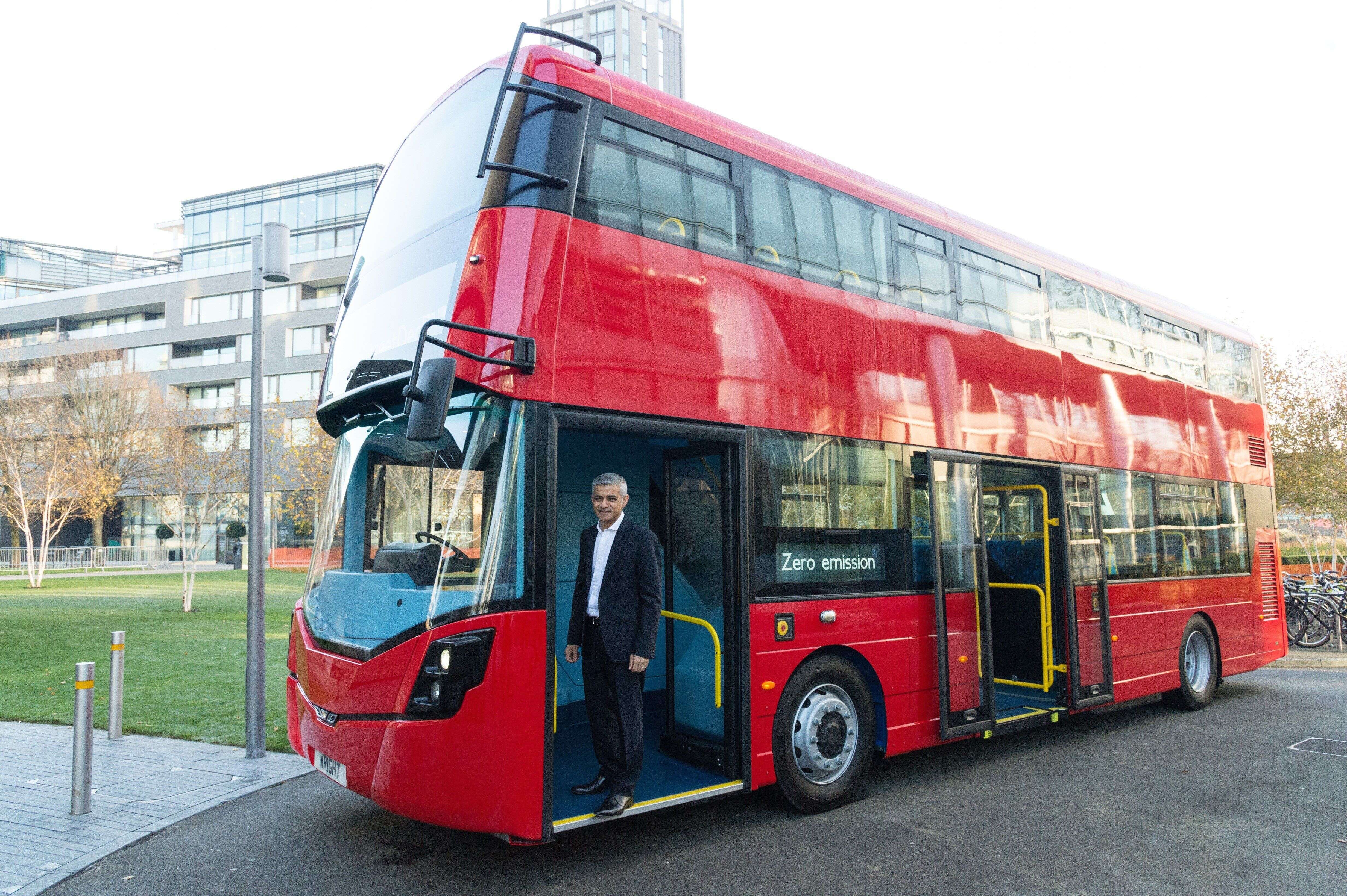 LONDON, ENGLAND - NOVEMBER 30: London mayor Sadiq Khan makes a keynote speech at the International Zero Emission Bus Conference and Summit in November 30, 2016 in London, United Kingdom. He also unveiled the worlds first hydrogen powered double decker bus made by leading UK bus manufacturer Wrightbus (Photo by Ray Tang/Anadolu Agency/Getty Images)