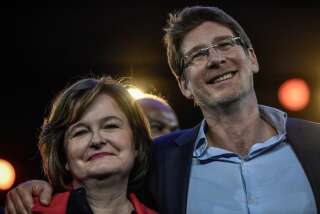 Candidates of the list of La Republique En Marche (LREM) party, top candidate and former minister Nathalie Loiseau (L) and former WWF president for France Pascal Canfin take part in the launch of the party's campaign for the upcoming European elections on March 30, 2019, in Aubervilliers, outside Paris. (Photo by STEPHANE DE SAKUTIN / AFP)        (Photo credit should read STEPHANE DE SAKUTIN/AFP/Getty Images)