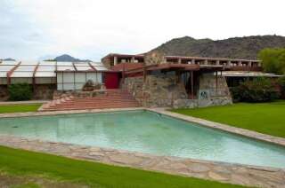 Arizona, Scottsdale, Taliesin West of Architect Frank Lloyd Wright, Drafting Rooms and Office Annex across Swimming Pool. (Photo by: Universal Images Group via Getty Images)