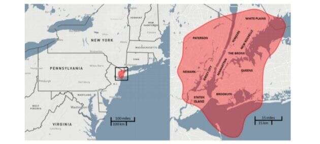 L'équivalent de la zone touchée par l'astéroïde de Toungouska, par rapport à la ville de New-York.