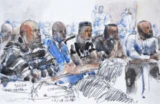 Booba, (à gauche), Kaaris (à droite) et d'autres prévenus lors du procès le 6 septembre.