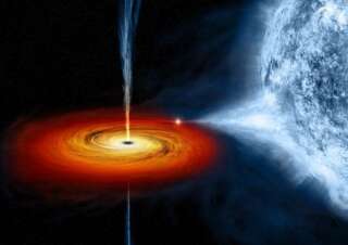 Le trou noir est au centre, entouré du disque d'accrétion en orange. Le trait vertical représente les émissions de rayons X et la boule bleue à droite, son étoile compagnon.