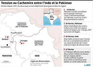 Carte de la région du Cachemire entre l'Inde et le Pakistan et chronologie des évènements depuis le 14 février.