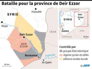 Carte de la province de Deir Ezzor en Syrie, et des territoires contrôlés par le groupe Etat islamique (EI), les forces gouvernementales et l'alliance arabo-kurde