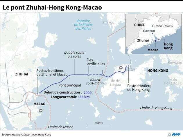 Le trajet du pont gigantesque reliant la Chine à Hong Kong et Macao.
