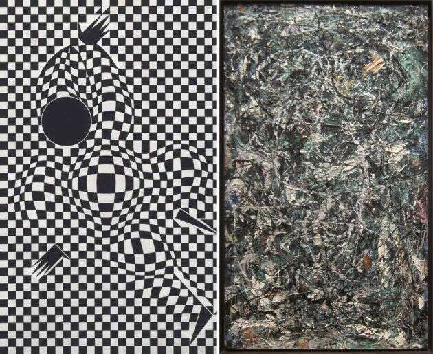 A gauche, une peinture de Vasarely, très géométrique. A droite, une oeuvre de Pollock, bien plus aléatoire.