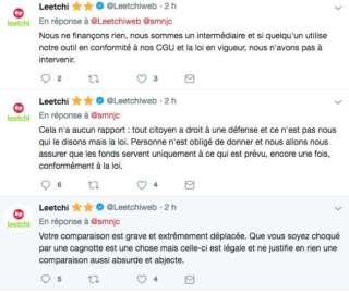 Leetchi répondant aux interrogations des internautes sur la cagnotte en faveur de Christophe Dettinger