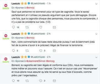 Leetchi répondant aux interrogations des internautes sur la cagnotte en faveur de Christophe Dettinger.