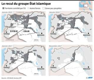 Evolution des zones contrôlées par le groupe jihadiste Etat islamique entre janvier 2015 et le 9 novembre 2017 en Syrie et en Irak