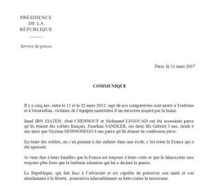 Le communiqué de François Hollande, en hommage aux victimes de Merah