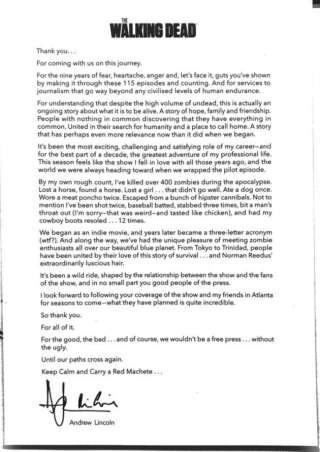 La lettre d'adieu d'Andrew Lincoln.