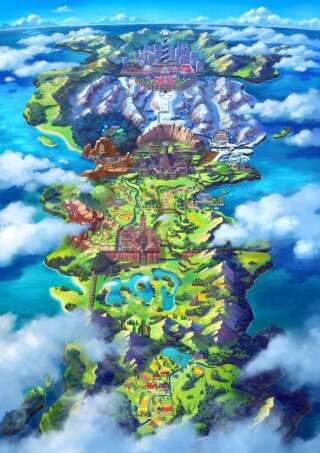 La carte de la région de Galar, le terrain de jeu de cette nouvelle aventure Pokémon