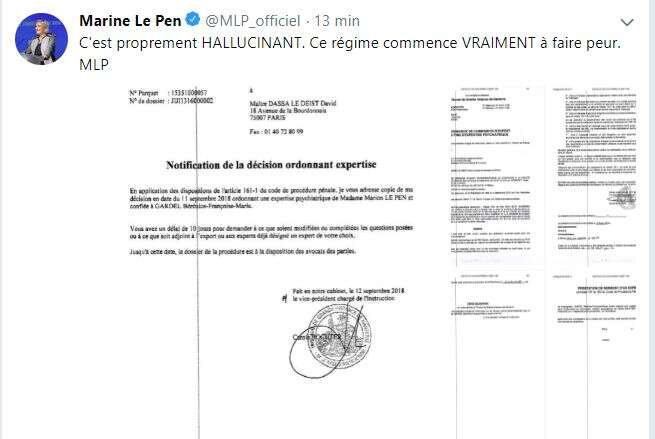 Capture d'un tweet effacé par Marine Le Pen.