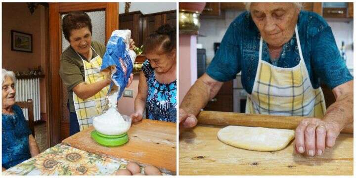 A gauche: Franca mesure de la farine. À droite: Elide étale la pâte avec un rouleau.
