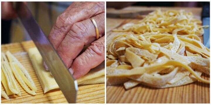 Elide tranche les feuilles de pâtes en de magnifiques tagliatelles.