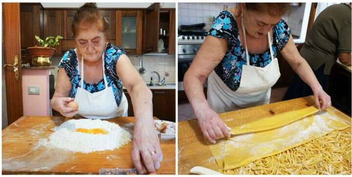 Graziella mélange la pâte et la pétrit pour la découper en tagliatelles.