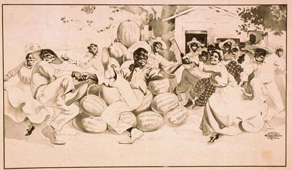 Cette lithographie de 1900 s’intitule “Afro-Américains dansant autour d’un tas de pastèques”.