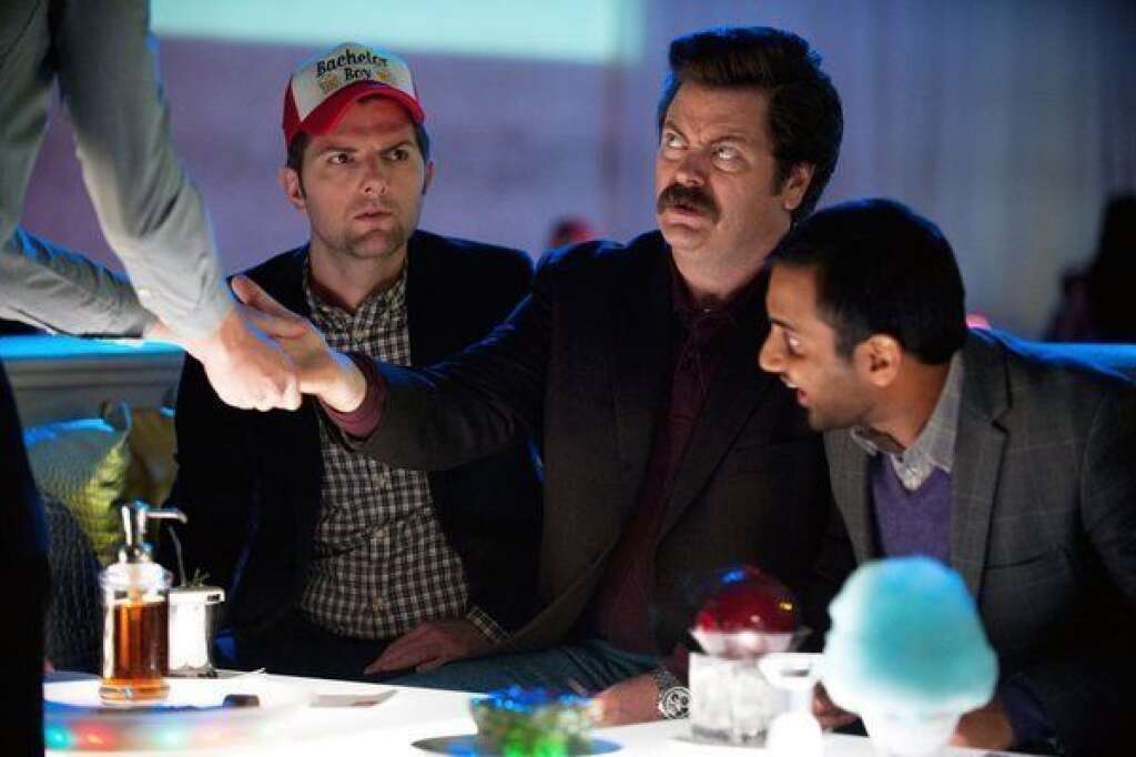 "Two Parties" - Adam Scott as Ben Wyatt, Nick Offerman as Ron Swanson, Aziz Ansari as Tom Haverford